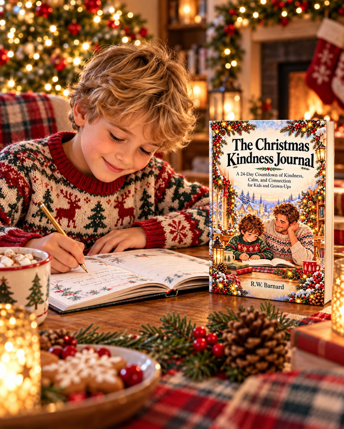 Child writing in The Christmas Kindness Journal in a cozy Christmas setting